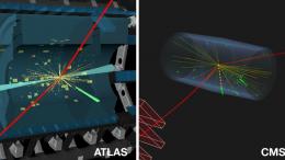 Художественная визуализация экспериментов ATLAS и CMS, показавших распад бозона Хиггса